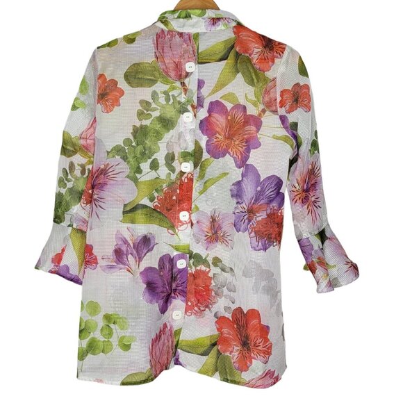 Ali Miles Small White / Floral Sheer Long Sleeve Button Down Tunic Top Women's S - Picture 2 of 5